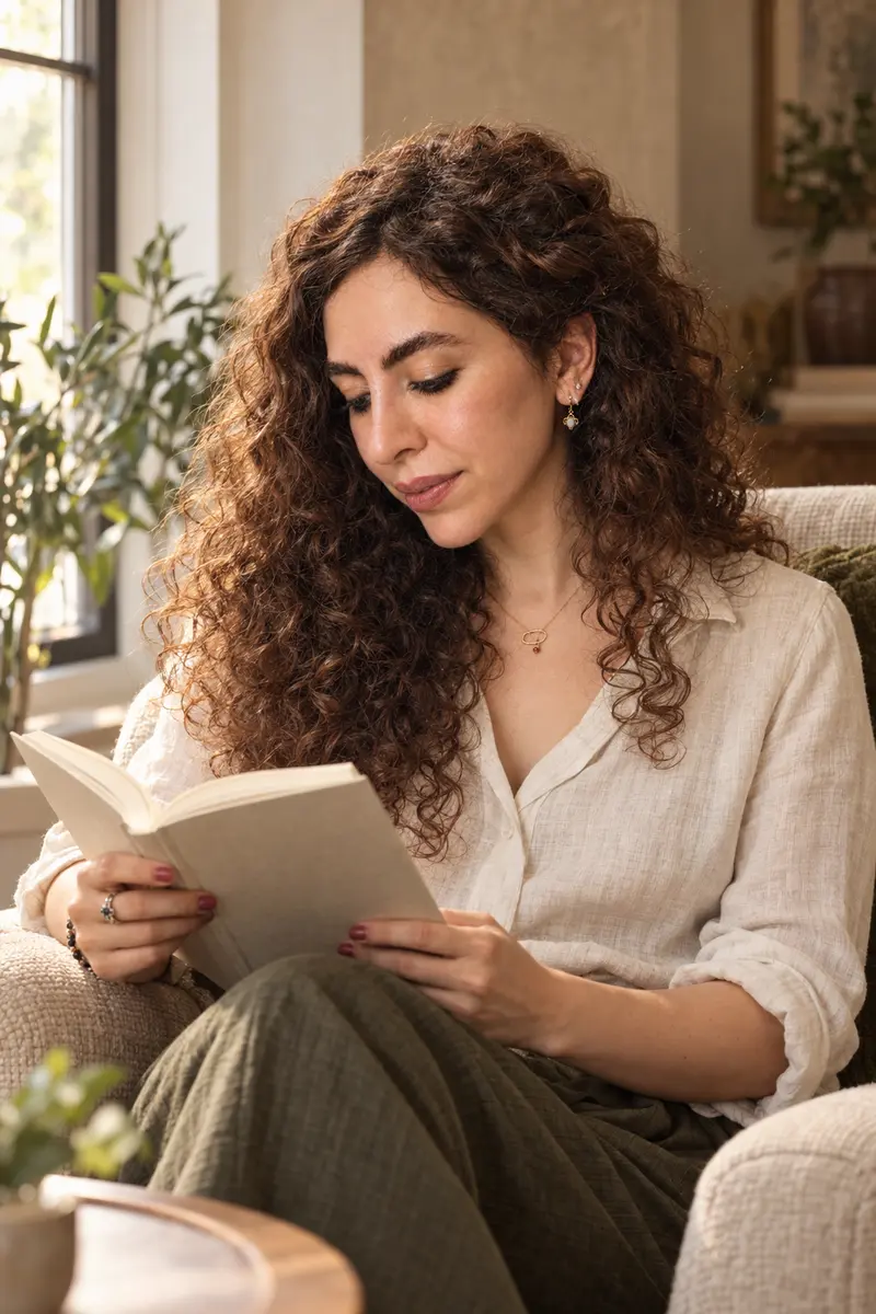 About AI-created portrait of Rossana reading a book beside a sunlit window