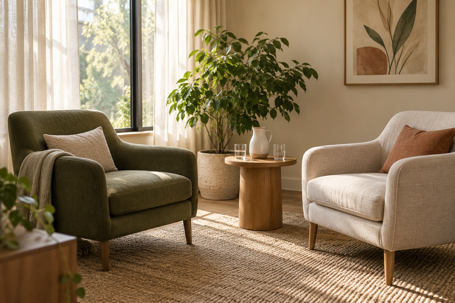 Illustrative room with olive and cream armchairs, plants, and soft natural light